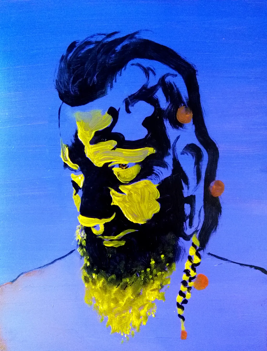 A bearded face in black and yellow on blue